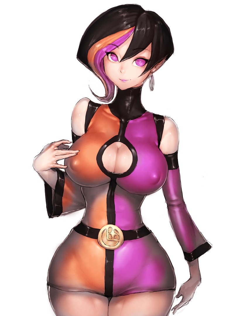 big_breasts breasts brown_hair dc dc_comics duo_damsel female female_only fumio_(rsqkr) legion_of_superheroes luornu_durgo nipple_bulge nipples orange_hair purple_eyes purple_hair thick_thighs thighs triplicate_girl