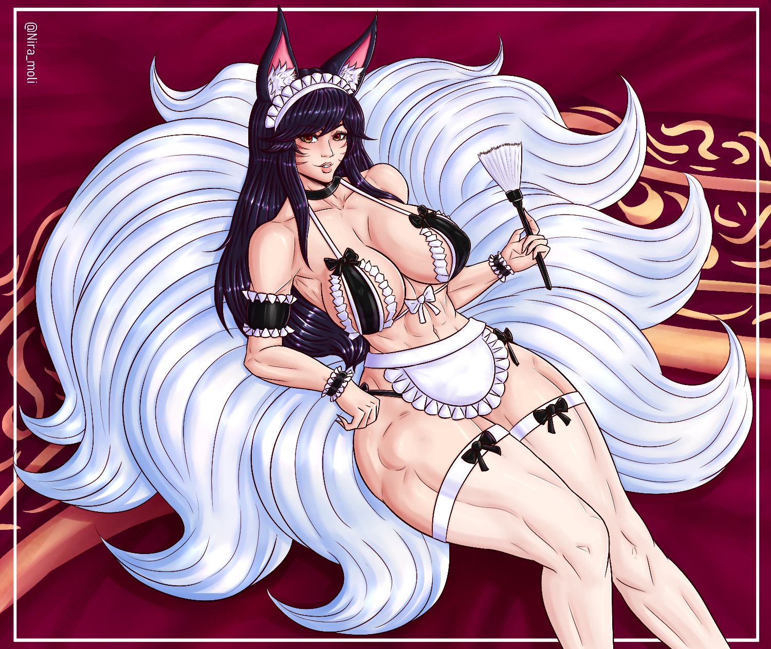 9 tails, abs, ahri, animal ears, animal girl, apron, big breasts, bikini, bikini bottom, bikini top, black hair, breasts, cleavage, clothing, curves, curvy, curvy body, curvy female, curvy figure, curvy hips, elegant, facial markings, female, female only, fitness, fluffy, fluffy ears, fluffy tail, fluffy tails, fox, fox ears, fox girl, fox tail, furry tail, hips, hourglass figure, huge breasts, humanoid, kitsune, kumiho, large breasts, league of legends, legs, light skin, light-skinned female, long hair, maid, maid apron, maid bikini, maid headdress, maid outfit, maid uniform, milf, multi tail, muscular, muscular female, nine tailed fox, niramoli, pale skin, pale-skinned female, sex toy, strong, strong female, tail, tails, thick, thick legs, thick thighs, thighs, vastaya, voluptuous, voluptuous female, wide hips