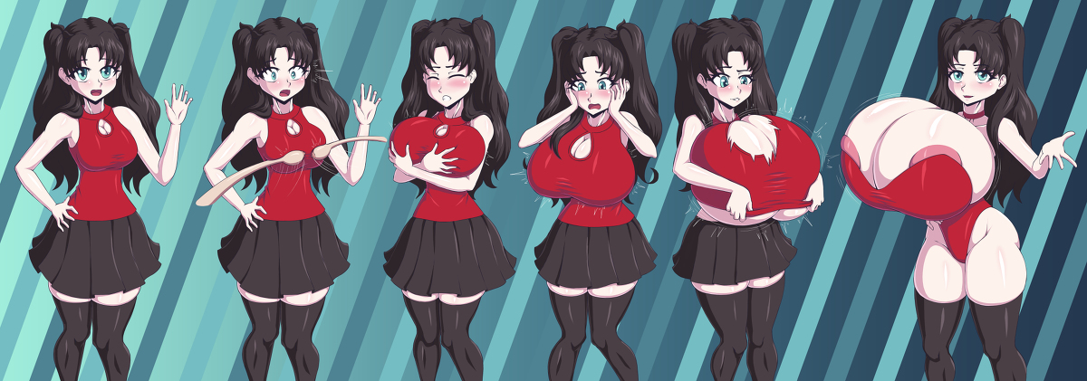 black hair, black legwear, black skirt, black stockings, blue eyes, blush, body modification, bosomancer, breast expansion, breast growth, breast growth (enlargement), breasts, bunnysuit, cleavage, closed eyes, closed mouth, collar, fate (series), fate/stay night, female, gigantic breasts, huge breasts, large breasts, long hair, medium breasts, no bra, open eyes, open mouth, pleated skirt, red topwear, shiny skin, skirt, small waist, stockings, surprised, thighhighs, tohsaka rin, topwear, torn clothes, torn clothing, twintails, underboob