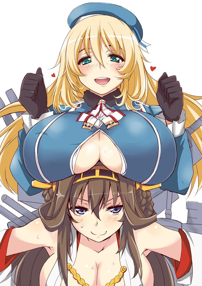 2girls aoi_manabu atago_(kantai_collection) bare_shoulders black_gloves blonde_hair blue_hat blush breast_rest breasts breasts_on_head brown_hair cleavage_cutout detached_sleeves double_bun gloves green_eyes headgear heart huge_breasts kantai_collection kongou_(kantai_collection) long_hair looking_at_viewer machinery military military_uniform multiple_girls nontraditional_miko smile sweat uniform