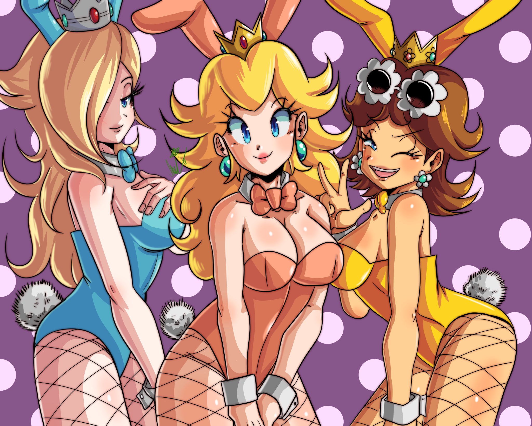 3girls, alternate costume, breasts, bunny daisy, bunny ears, bunny peach, bunny rosalina, bunny tail, bunnysuit, female, female only, mario (series), nintendo, princess daisy, princess peach, princess rosalina, sammymtz0, super mario galaxy, super mario land, super mario land 2, wink