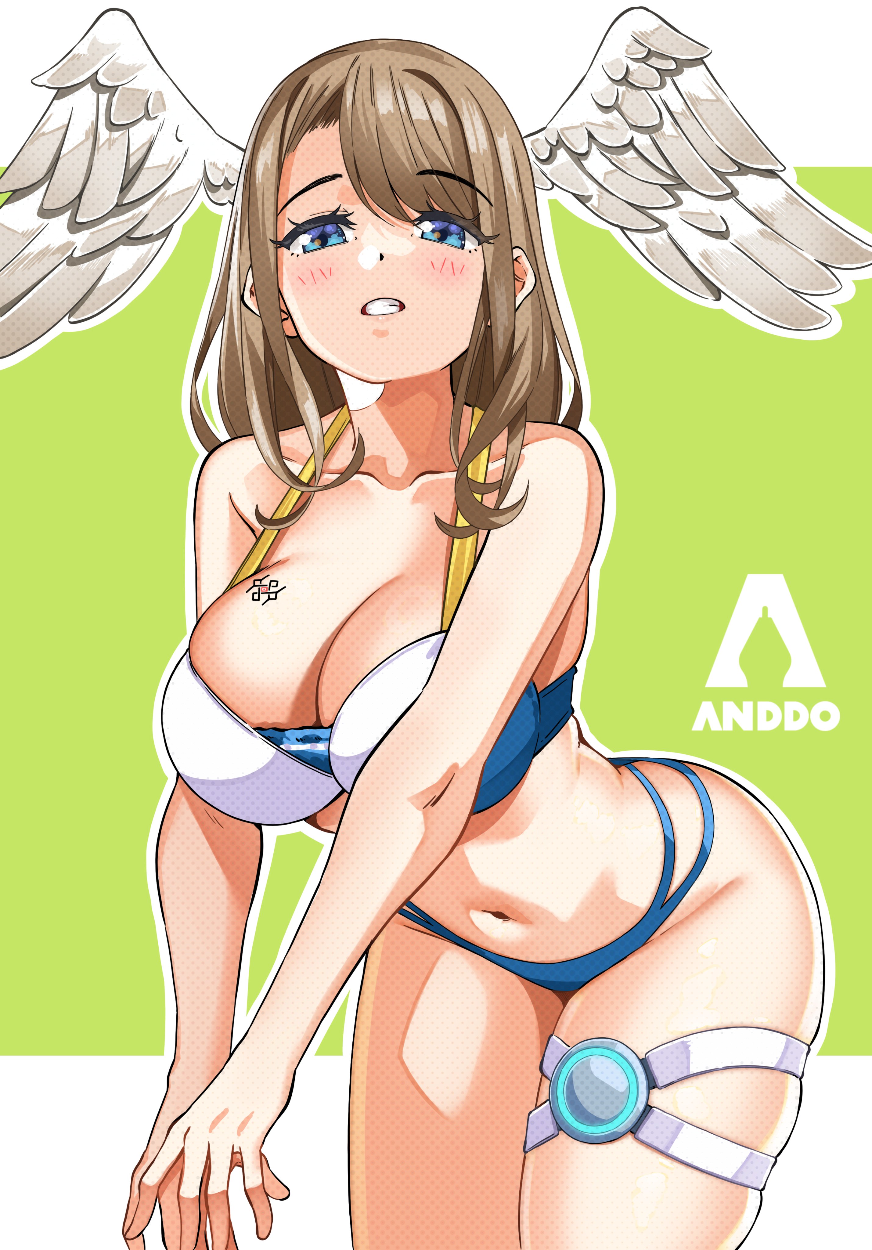1girls, angel wings, artist name, big breasts, bikini, blue eyes, breasts, brown hair, busty, eunie (xenoblade), female, female only, highres, i am anddo, large breasts, leaning forward, legs, looking at viewer, navel, nintendo, pose, posing, sensual, short hair, solo, swimsuit, tagme, tattoo, thick thighs, thighs, wings, wings on head, xenoblade (series), xenoblade chronicles 3