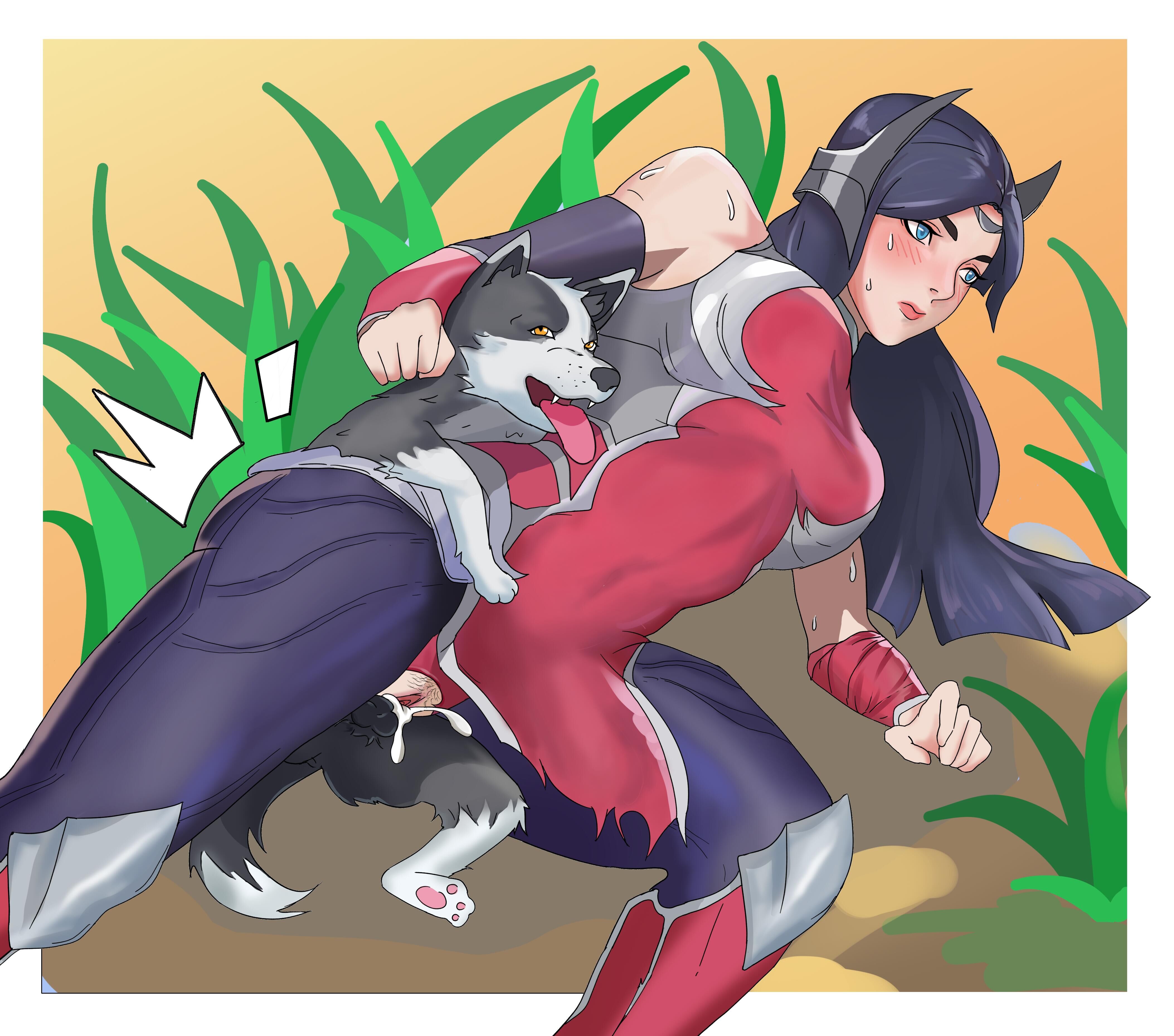 black hair, black legwear, blue eyes, canine, cum, cum in pussy, cum inside, doggy style, domestic dog, female, feral, feral on female, feral on human, feral penetrating human, from behind, from behind position, irelia xan, knotted penis, laying down, league of legends, league of legends: wild rift, male, penetration, penis, penis in pussy, pussy, sex, torn bodysuit, torn clothes, torn legwear, vaginal penetration, zoophilia