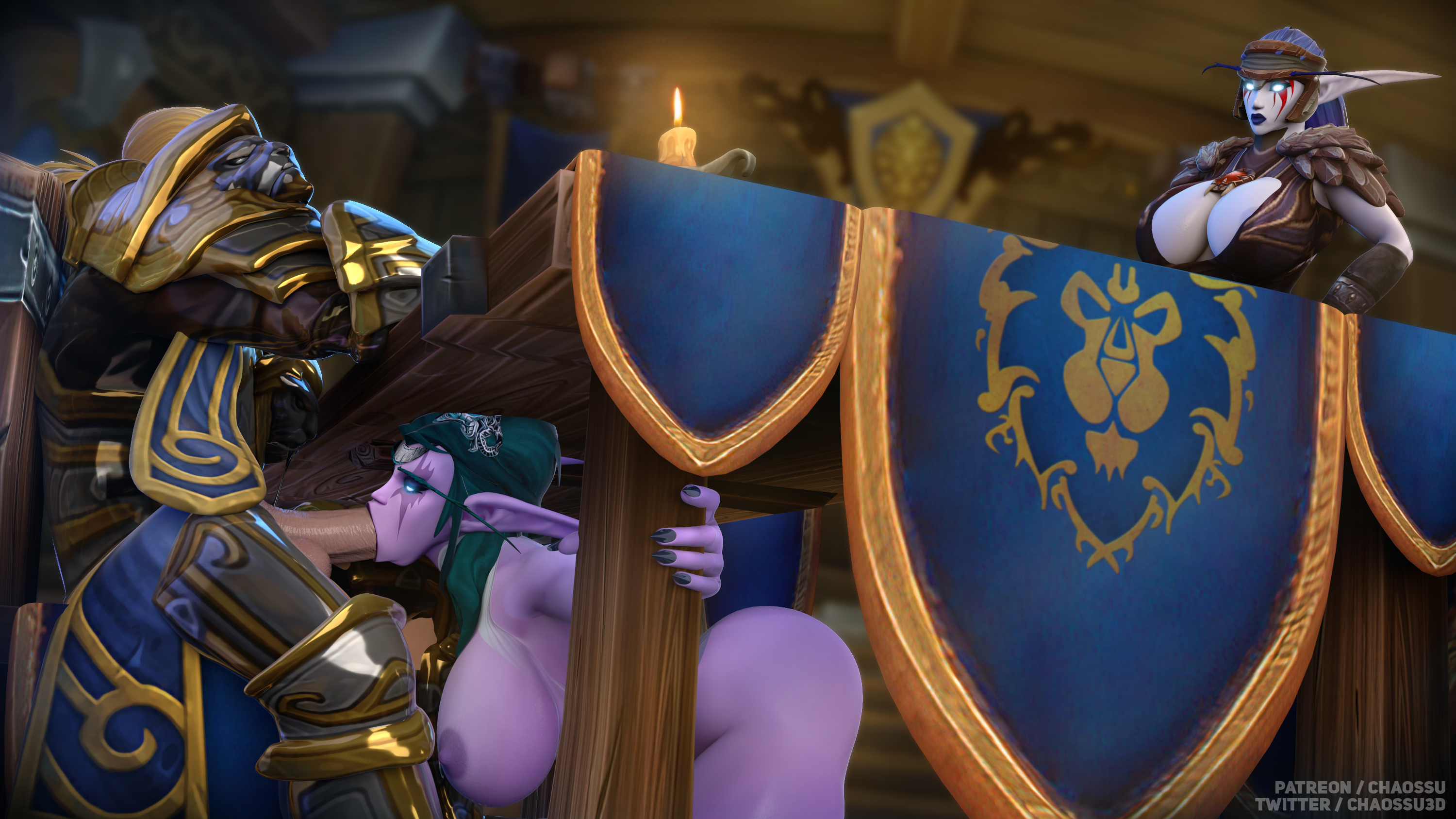 age difference, anduin wrynn, big breasts, blizzard entertainment, blowjob, blowjob under table, breasts, chaossu3d, cheating, cheating wife, deepthroat, elf, elf ears, female, glowing eyes, green hair, huge breasts, interspecies, male, mother and daughter, night elf, older female, purple skin, purple-skinned female, shandris feathermoon, stealth fellatio, stealth oral, stealth sex, tyrande whisperwind, warcraft, world of warcraft, younger male
