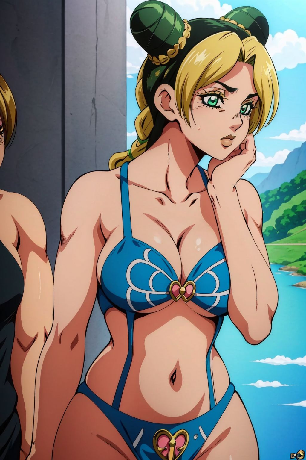 ai generated, big breasts, breasts, female, freeboy162, green eyes, green hair, jojo's bizarre adventure, jolyne kujo, swimsuit