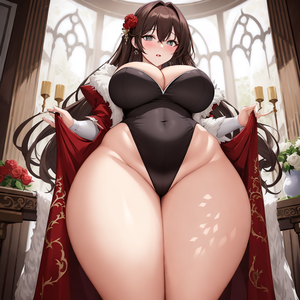 1girls ai_generated anime_style black_hair blush brown_hair candle curvy female fur_trim fur_trim_(clothing) highleg highleg_leotard holding_robe huge_breasts huge_thighs low-angle_view presenting robe rose_(flower) solo solo_female swimsuit tagme thick_thighs white_rose wide_hips window