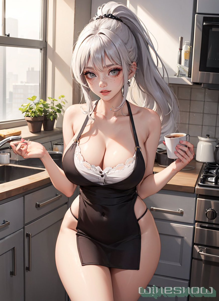 1girls ai_generated apron_only curvy_body curvy_female curvy_figure hi_res huge_breasts long_hair looking_at_viewer original_character ponytail solo_female solo_focus stable_diffusion white_hair winesnow