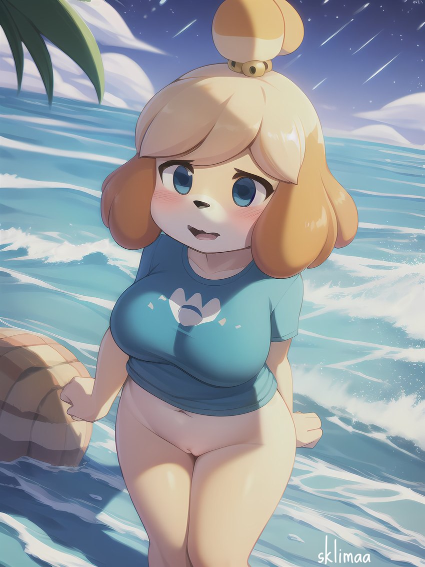 1girls ai_generated animal_crossing anthro beach blue_clothing blue_eyes blue_shirt blush bottomless breasts canid canine clothing clouds female female_focus female_only fist from_above genitals high-angle_view isabelle_(animal_crossing) mammal nintendo ocean pussy rock sea seaside shirt_only sklimaa slightly_chubby solo standing star starry_sky t-shirt t-shirt_only thighs topwear topwear_only water