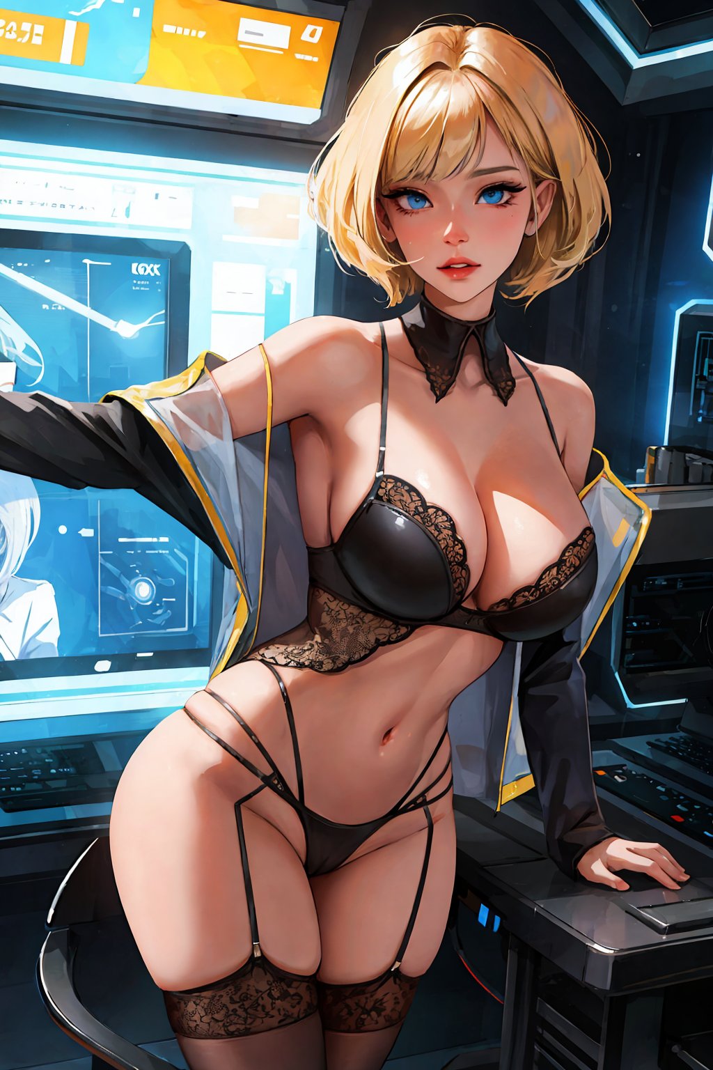 1girls, 2023, ai generated, blonde female, blonde hair, blue eyes, breasts, clothed female, curvaceous, curvy female, curvy figure, female, female focus, female only, hi res, huge breasts, jacket off shoulders, jacket open, lingerie, scifi, short hair, solo female, solo focus, spacecraft, spaceship, spacesuit, stable diffusion, underwear