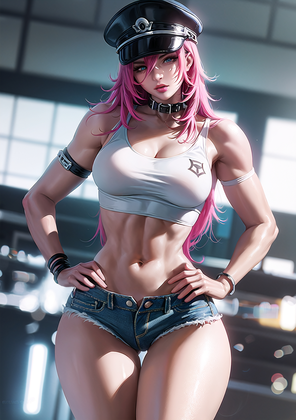 ai generated, breasts, curvaceous, curvy, curvy body, curvy figure, female, female focus, female only, final fight, huge breasts, long hair, muscular, muscular female, pink hair, poison (final fight), solo female, solo focus, stable diffusion, street fighter
