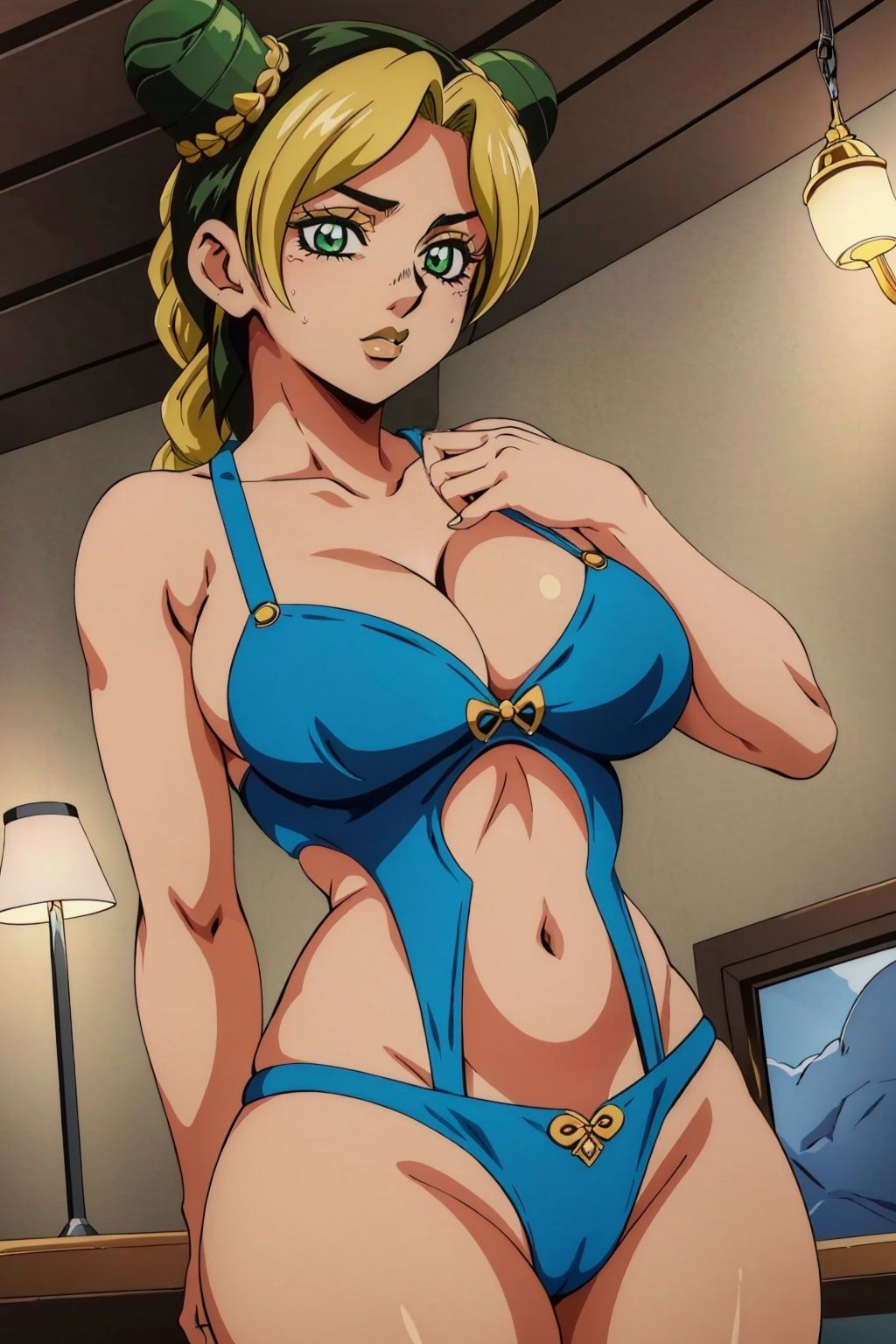 ai generated, big breasts, breasts, female, freeboy162, green eyes, green hair, jojo's bizarre adventure, jolyne kujo, swimsuit