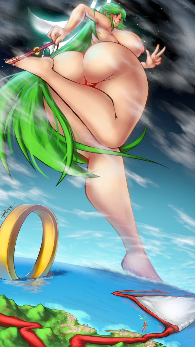 1girls ass_bigger_than_head big_ass big_breasts breasts_bigger_than_head giantess green_hair huge_ass huge_breasts kid_icarus lapotato8 lapotato_prime long_hair looking_at_viewer looking_back nintendo nude palutena tagme