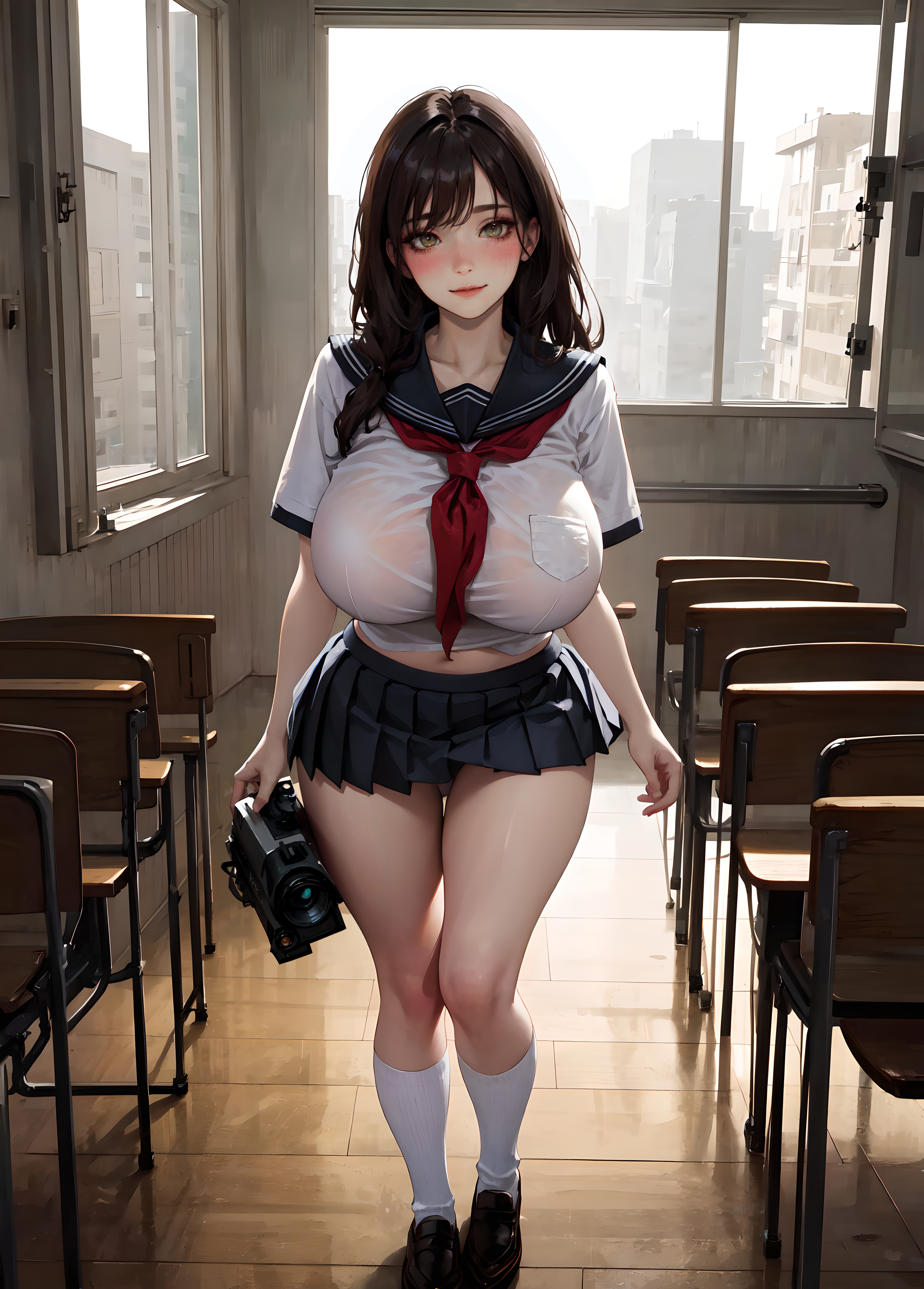 1girls, ai generated, breasts, classroom, curvaceous, curvy body, curvy female, female, huge breasts, school uniform, schoolgirl, solo female, solo focus, stable diffusion, voluptuous, voluptuous female