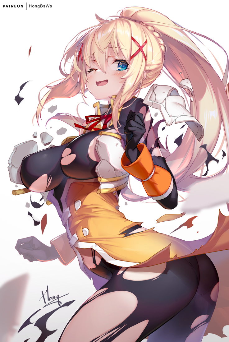 1girls, armor, ass, black bodysuit, blonde hair, blue eyes, blush, bodysuit, braid, breastplate, breasts, broken armor, darkness (konosuba), female, hair ornament, hong (white spider), kono subarashii sekai ni shukufuku wo!, large breasts, long hair, looking at viewer, one eye closed, open mouth, pauldrons, ponytail, shoulder armor, sidelocks, skirt, smile, solo, thighs, torn clothes, wavy mouth, x hair ornament, yellow skirt