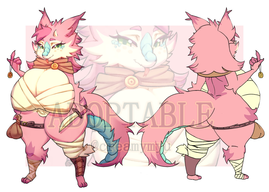 adoptable anthro bandage bandaged_leg big_ass big_breasts biped breasts character_sheet coin creamymyu cute cute_face dnd female female_only female_pubic_hair fluffy fluffy_tail green_eyes hood hood_down knife kobold kobold_thief medium_hair pink_fur pink_hair scalie shortstack smug thick_thighs thief tongue tongue_out white_fur