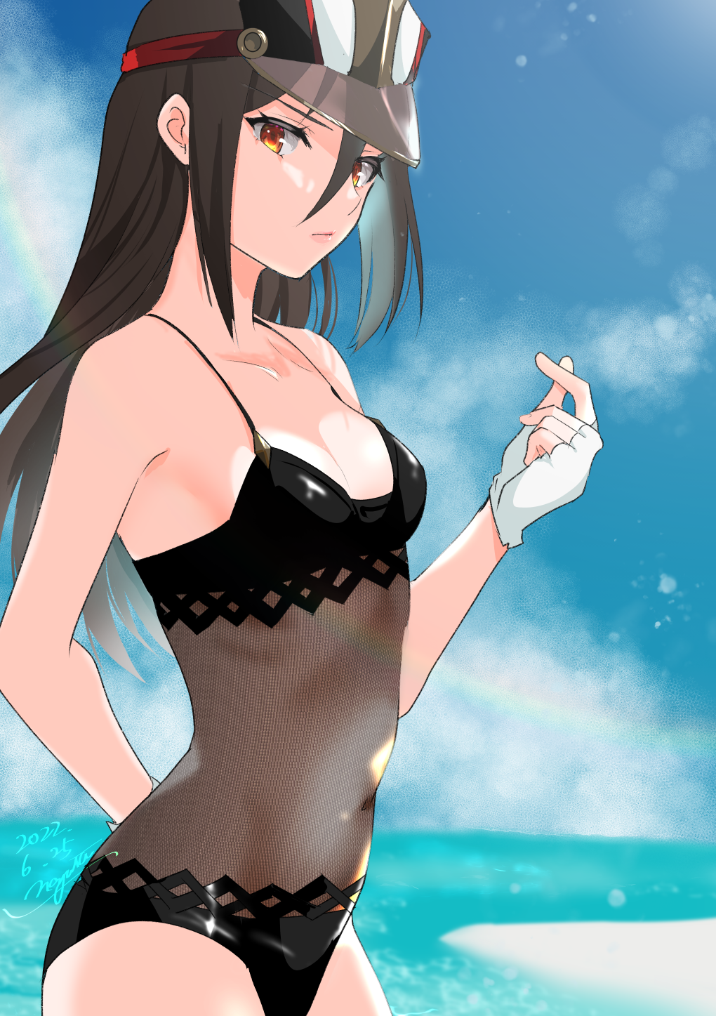 1girls beach black_hair black_one-piece_swimsuit black_swimsuit boobies breasts brown_eyes clouds covered_navel female female_only fingerless_gloves gloves hat light-skinned_female light_skin long_hair looking_at_viewer milestone_post morag_ladair_(xenoblade) nayuta-kanata nintendo ocean official_alternate_costume one-piece_swimsuit outside see-through sky small_breasts solo swimsuit visor_cap water xenoblade_(series) xenoblade_chronicles_2