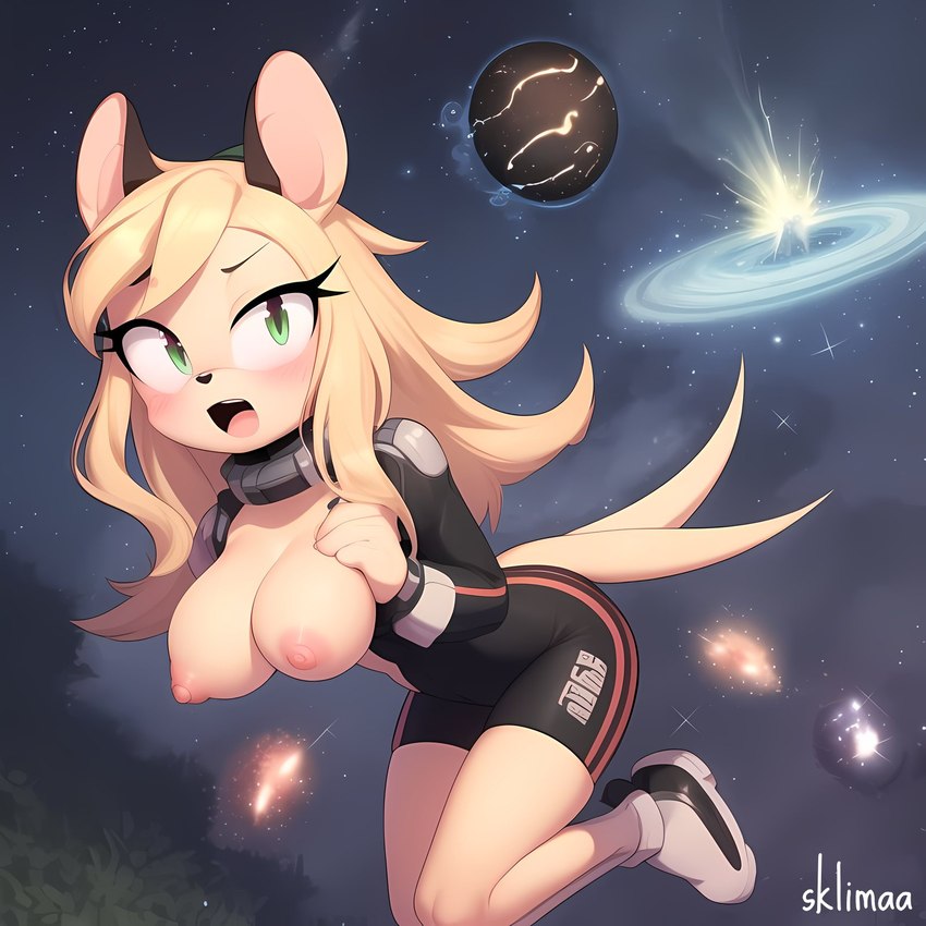 1girls 2_tails ai_generated blonde_hair breasts_out collar female floating jumping jumpsuit looking_away mammal medium_breasts mobian_(species) mouse multi_tail murid murine nipples oc open_mouth planet rodent sklimaa solo space yellow_body