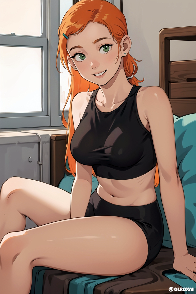 1girls, aged up, ai generated, alternate costume, bare shoulders, bare thighs, ben 10, ben 10 alien force, breasts, cartoon network, female, female only, green eyes, gwen tennyson, gwen tennyson (alien force), gym clothes, gym uniform, human, midriff, navel, older, olroxai, orange hair, smile, solo, sportswear, stable diffusion, young