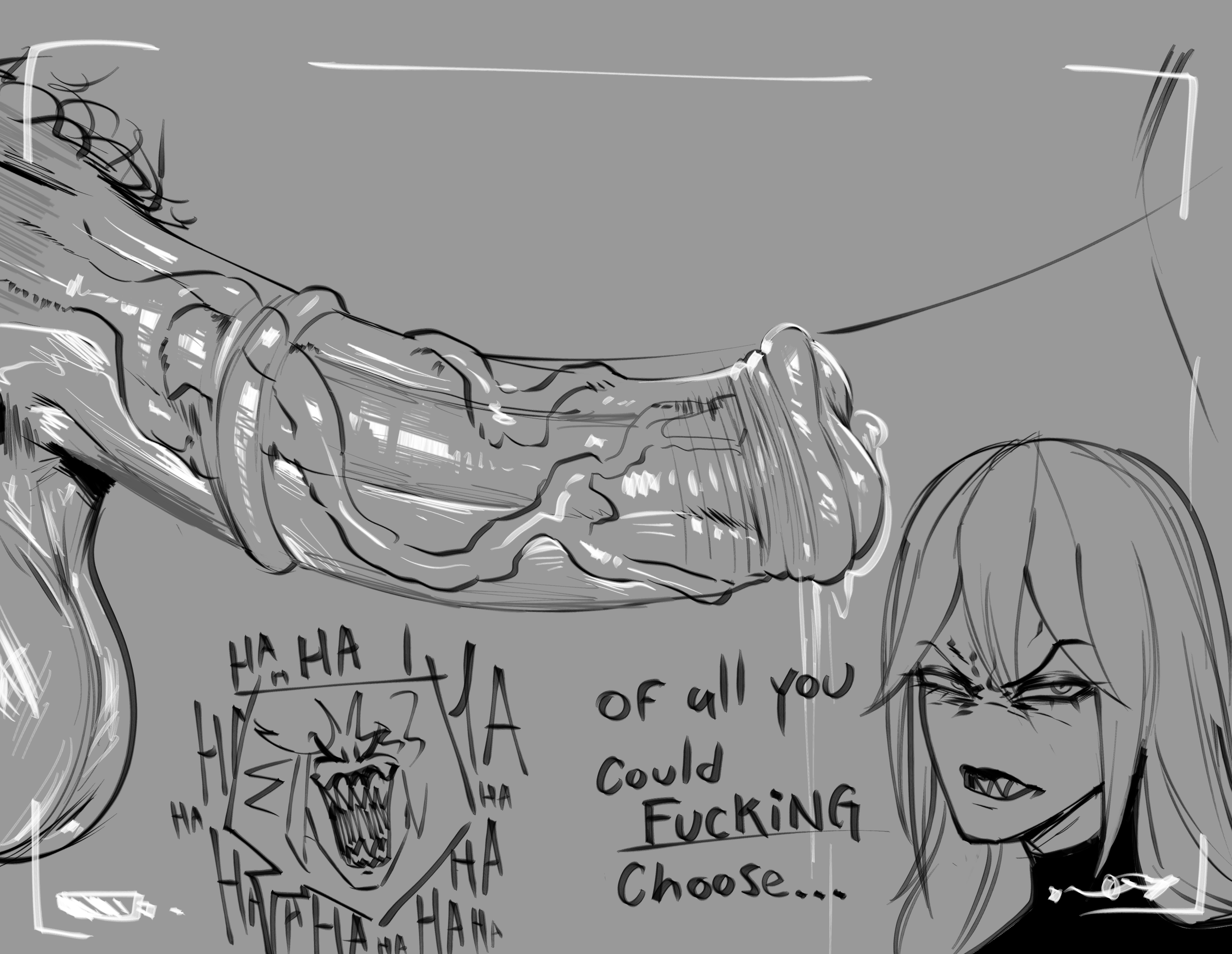 2girls, annoyed, annoyed expression, big penis, black and white, cinkoji, dialogue, female, hair, horse, horse penis, horsecock, laugh, laughing, leaking, leaking cum, long hair, male, monnie (cinkoji), oc, original, original characters, penis, penis focus, sharp teeth, text, veiny penis, zoophilia