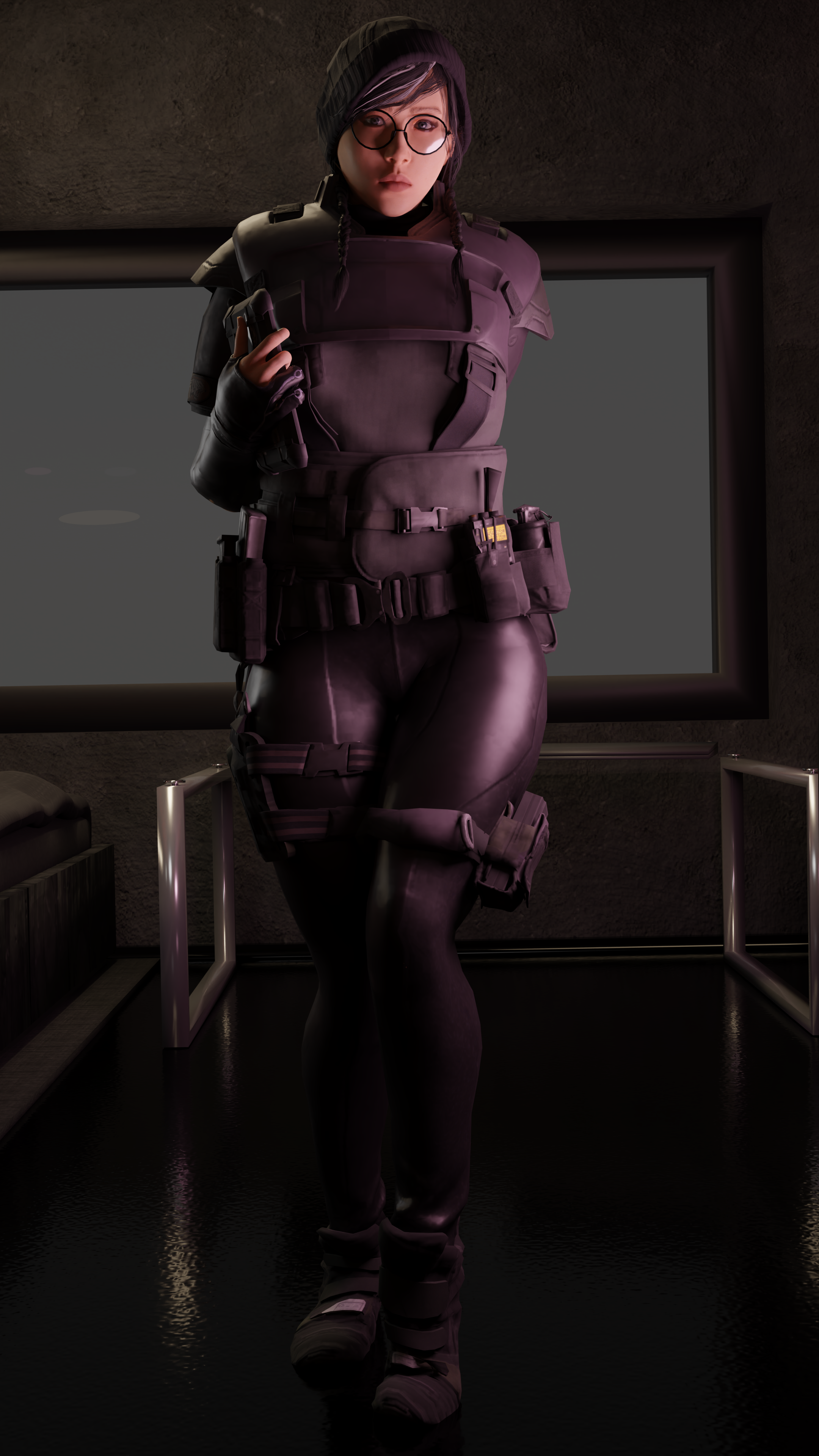 3d, asian, asian female, dokkaebi (rainbow six), female, female only, fully clothed, glasses, kjthegrimreaper, korean, leggings, looking at viewer, rainbow six siege, tactical gear