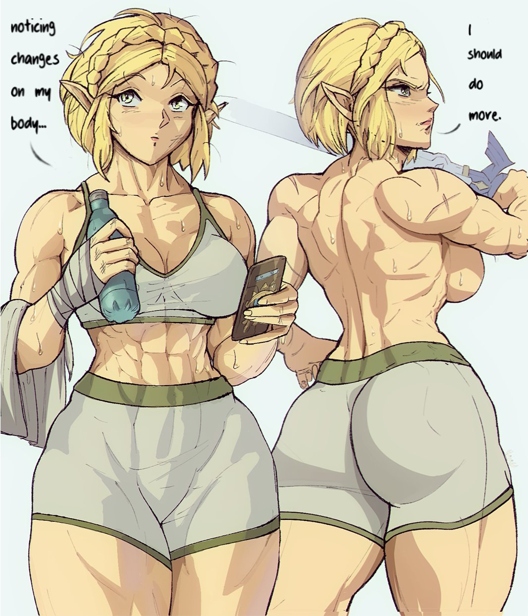 1girls, ass, biceps, blonde hair, breasts, cleavage, cowboy shot, english text, female, hi res, large breasts, multiple views, muscular, muscular arms, muscular back, muscular female, obliques, pointy ears, princess zelda, scar, simple background, sweat, tears of the kingdom, the legend of zelda, topless, white background, yellow eyes, yoracrab, zelda (tears of the kingdom)