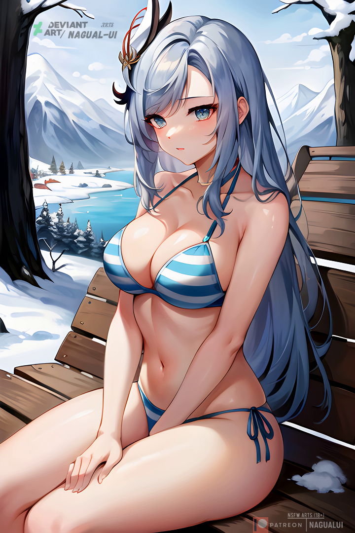 ai_generated bikini blue_eyes blue_hair breasts genshin_impact medium_breasts nagual-ui shenhe_(genshin_impact) sitting snow striped_bikini winter