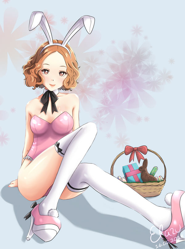 1girls atlus basket bowtie breasts brown_eyes brown_hair bunny_ears chocolate chocolate_bunny detached_collar easter_eggs elazu fake_animal_ears haru_okumura high_heels leotard looking_at_viewer medium_breasts megami_tensei painted_fingernails persona persona_5 pink_high_heels pink_leotard playboy_bunny short_hair thighhighs