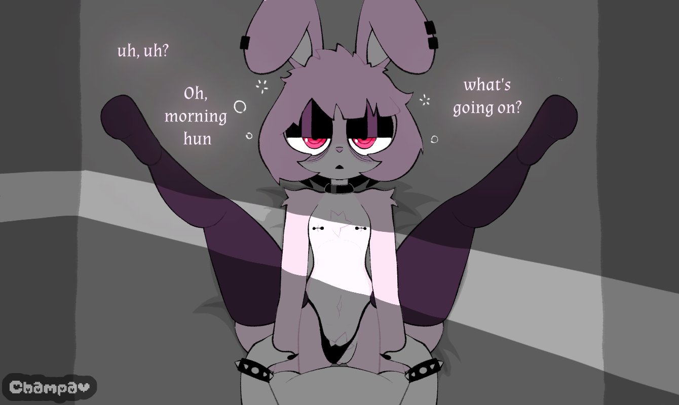 1futa, 1girls, bed, bedroom, bracelet, bunny ears, bunny girl, champaanimation, dickgirl, ear piercing, female, flat chest, futanari, giver pov, grabbing, hairy pussy, half naked, imminent penetration, imminent sex, imminent vaginal, intersex, kanny chum (champaanimation), marie rose (champaanimation), morning, nipple piercing, nipples, open door, panties, panties aside, piercing, pink body, pink eyes, pink hair, pov, pov eye contact, pussy, sleepy, text, thighhighs, white body
