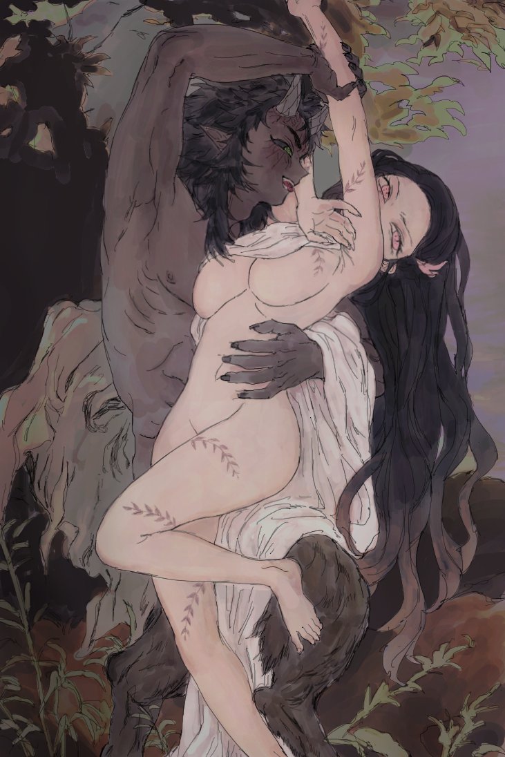 1boy 1boy1girl 1girls ancient artistic_nude big_breasts brown_hair dancing dark-skinned_male dark_hair demon demon_boy demon_girl demon_horns demon_slayer dominant_male female fine_art_parody green_eyes hantengu heterosexual horns horny jellyflight kamado_nezuko karaku kimetsu_no_yaiba naked_female nymph pale-skinned_female pink_eyes satyr straight submissive_female