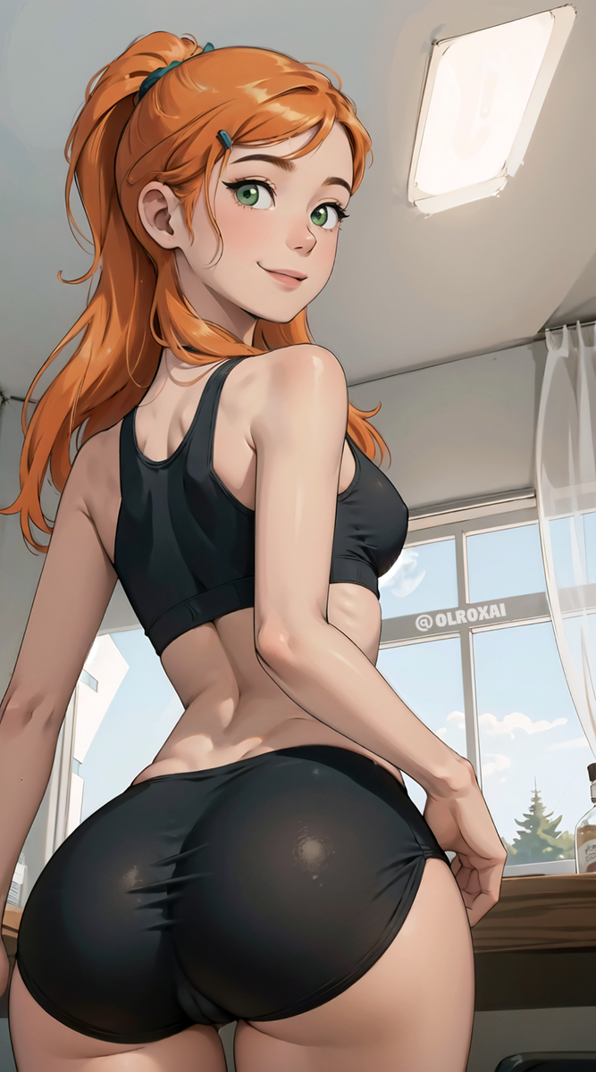 1girls, aged up, ai generated, alternate costume, ass, ass focus, ben 10, ben 10 alien force, breasts, cartoon network, female, female only, from behind, green eyes, gwen tennyson, gwen tennyson (alien force), gym clothes, gym shorts, gym uniform, human, older, olroxai, orange hair, ponytail, showing ass, showing off, solo, sportswear, stable diffusion, young
