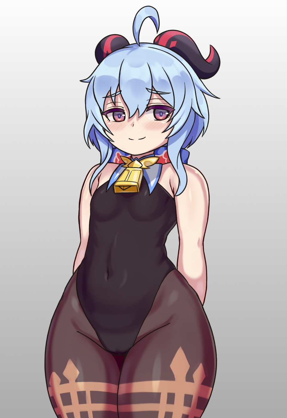 1girls, aged down, ahoge, arms behind back, bare arms, bare shoulders, bell, black leotard, blue hair, blush, breasts, covered navel, female, ganyu (genshin impact), genshin impact, gradient background, grey background, hair between eyes, highres, horns, hoyoverse, leotard, light skin, light-skinned female, long hair, looking at viewer, mihoyo, nav (thatnav), neck bell, pantyhose, red eyes, simple background, small breasts, smile, solo, thick thighs, thigh gap, thighs, wide hips