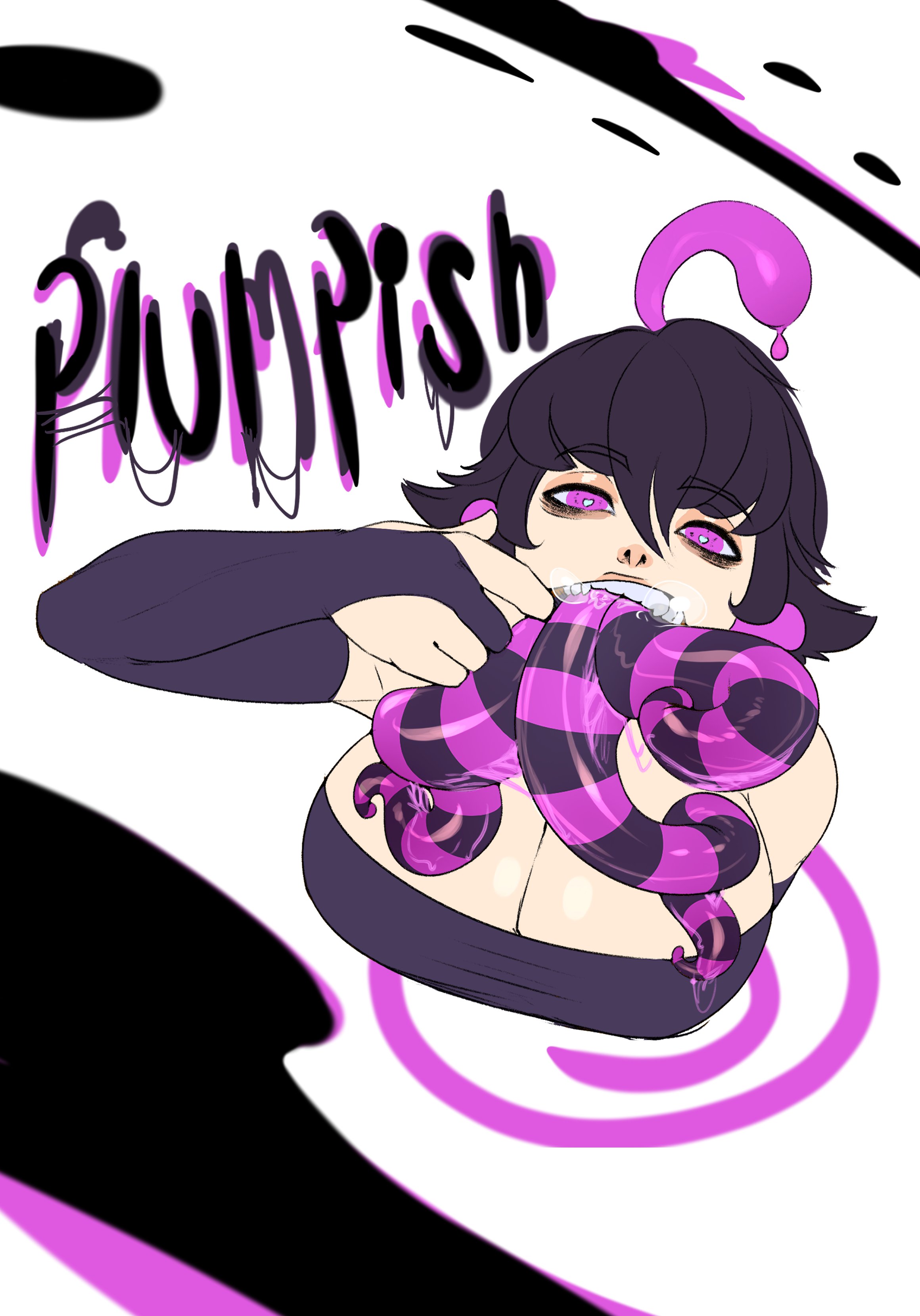 big breasts, black clothing, black hair, black tongue, breasts, cinkoji, female, heart, heart-shaped pupils, light skin, light-skinned female, long tongue, multi tongue, oc, original, original character, plumpish (waru-geli), purple eyes, purple tongue, saliva, short hair, solo, solo female, spit, spit bubble, tongue, tongue out