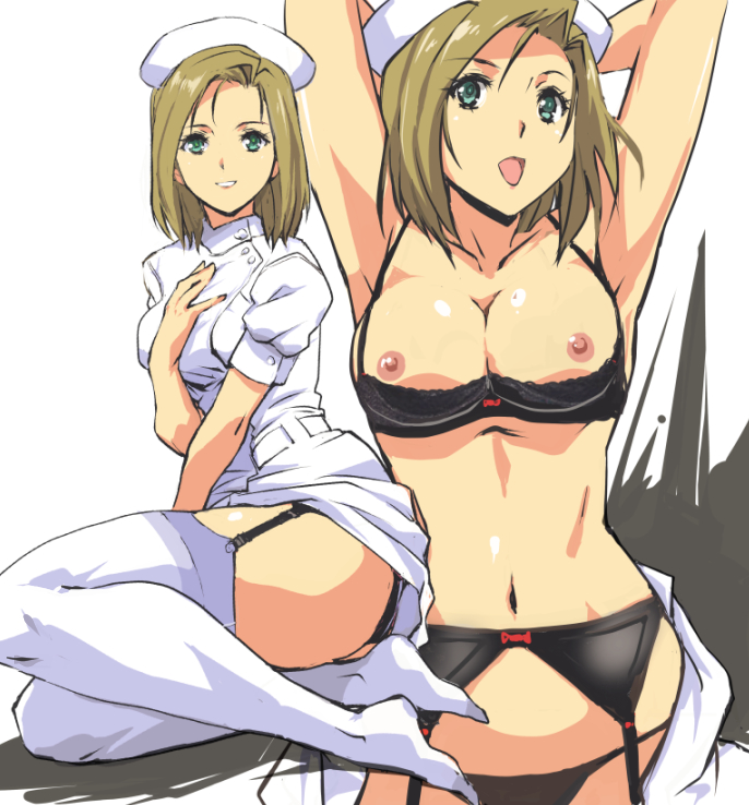 1girls black_bra black_panties blonde_hair bow_bra bow_panties bra breasts dress garter_belt garter_straps green_eyes kamisimo_90 looking_at_viewer medium_breasts medium_hair midriff navel nipples nurse nurse_cap nurse_uniform panties pointy_chin presenting shelf_bra shinjou_remi thighhighs upskirt white_dress yakin_byoutou