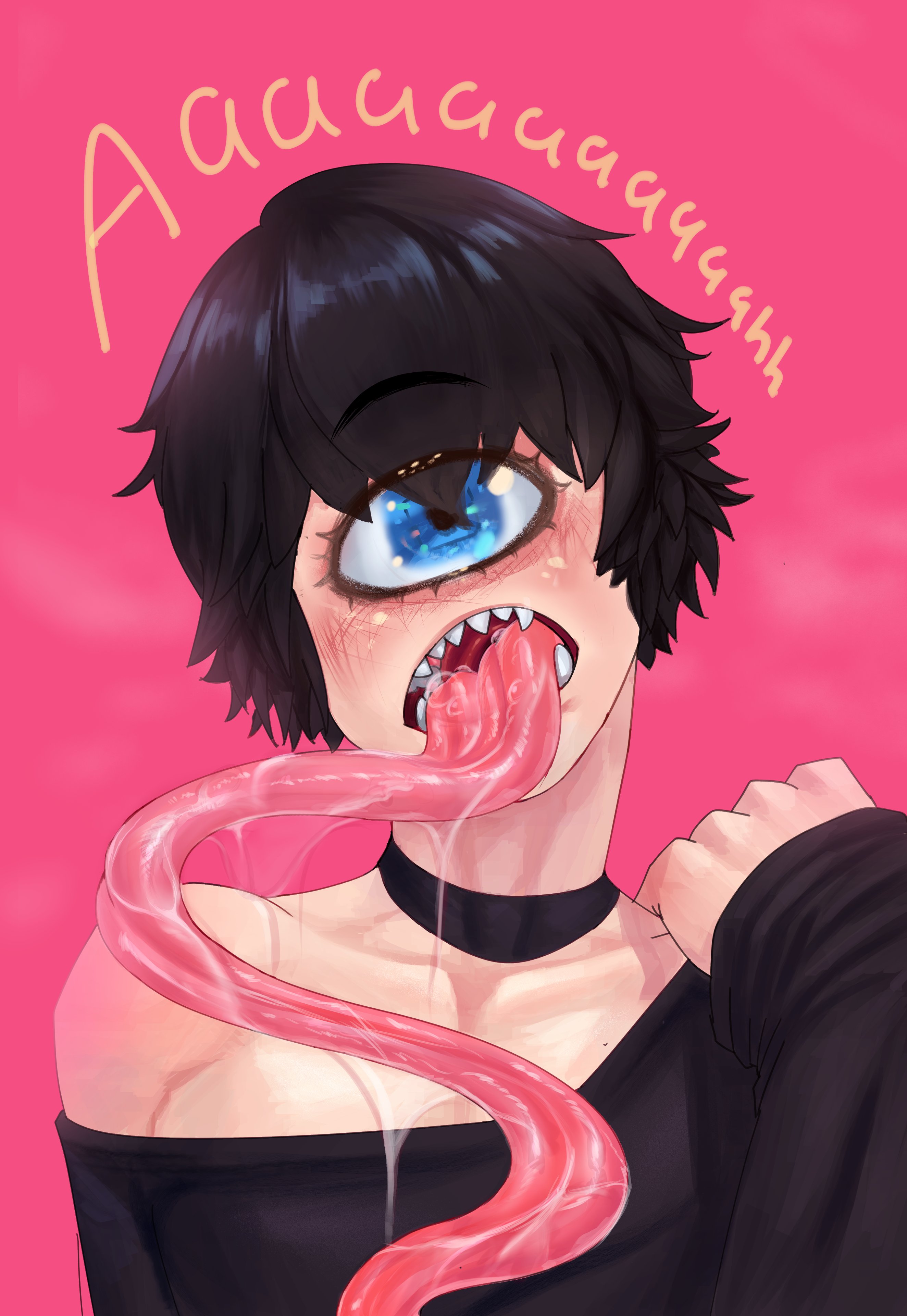 1 eye, ass, black clothing, black hair, blush, choker, cinkoji, cyclops, drool, drool string, drooling, drooling tongue, erile (ashi1eye), excessive saliva, femboy, long tongue, male, oc, original, original characters, saliva, sharp teeth, short hair, solo, solo male, tailclops (species), tongue, tongue out