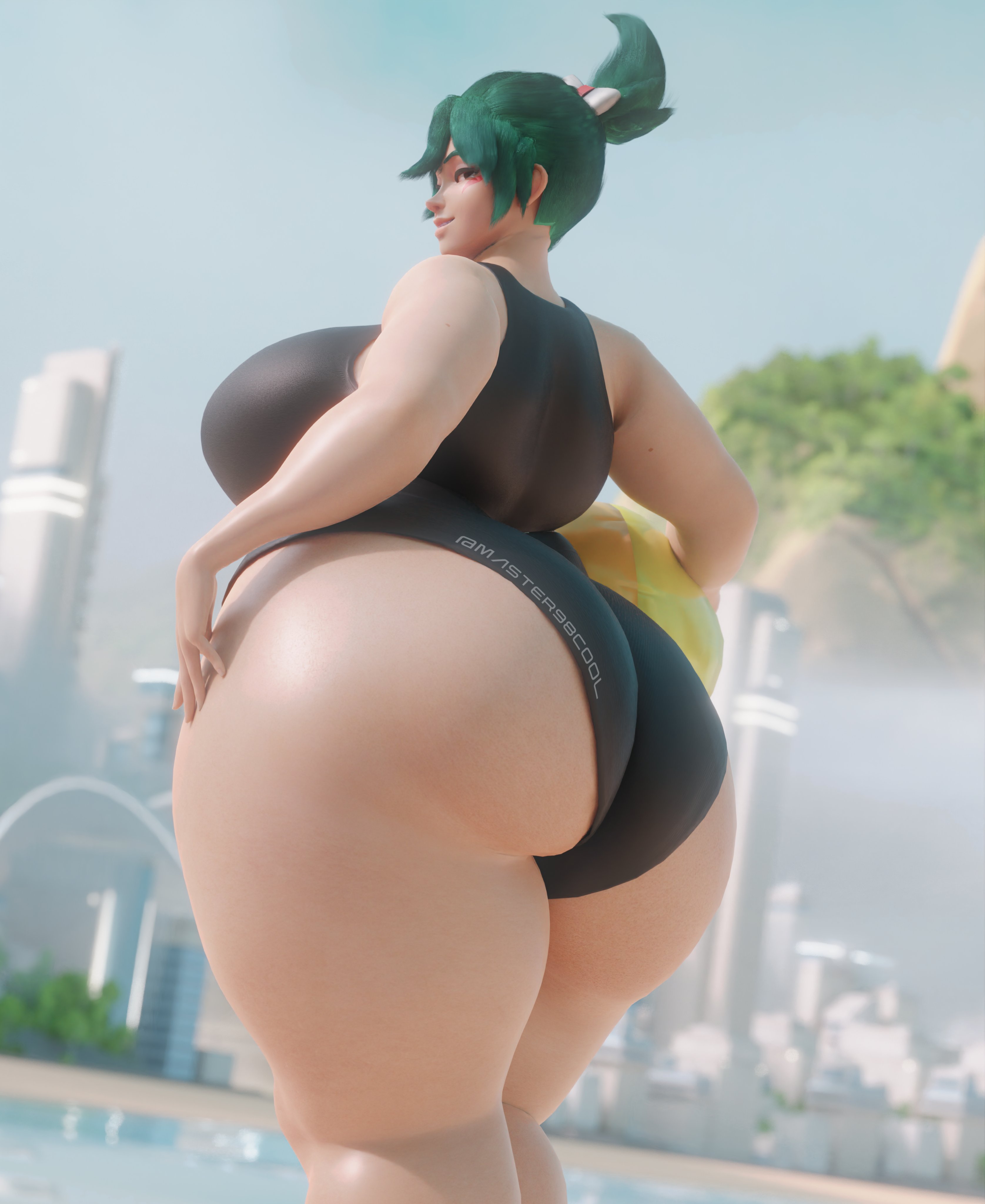3d, ass, ass bigger than breasts, ass bigger than torso, bbw, big ass, blizzard entertainment, bottom heavy, breasts, chubby, clothed, coolmaster98, female, green hair, huge ass, kiriko (overwatch), looking back, one-piece swimsuit, overwatch, overwatch 2, sideboob, swimsuit