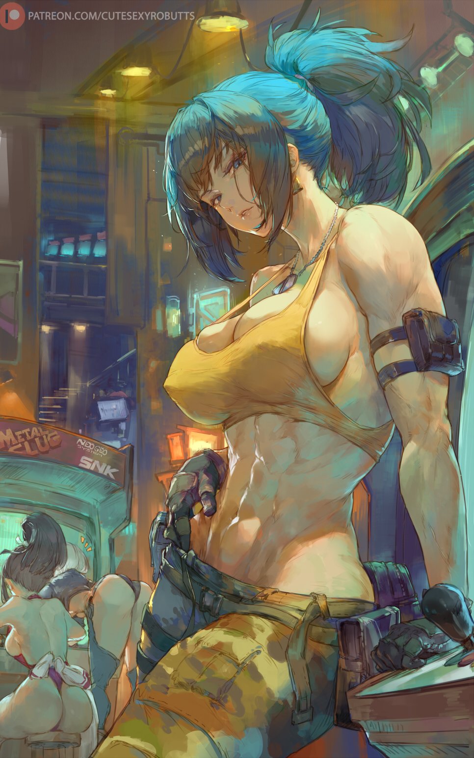 3girls abs angel_(kof) arcade ass blue_eyes blue_hair breasts cleavage cutesexyrobutts dog_tags fatal_fury female female_only gloves king_of_fighters large_breasts leona_heidern looking_at_viewer mai_shiranui metal_slug multiple_girls muscular muscular_arms muscular_female patreon_username ponytail sideboob snk tank_top url