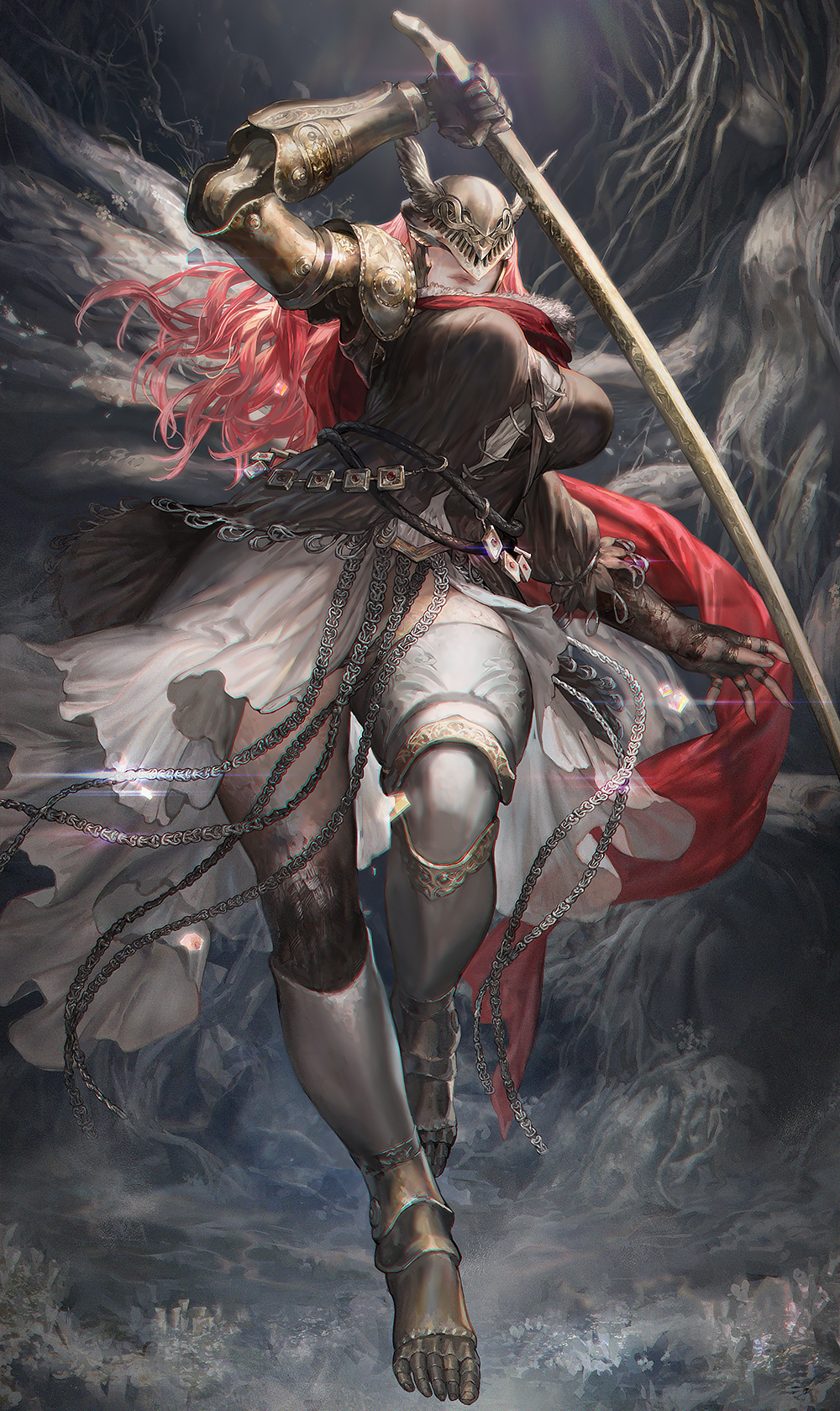 1girls aoin big_breasts breasts clothed clothing curvy dress elden_ring female fromsoftware goddess helmet hi_res holding_object hourglass_figure huge_breasts katana large_breasts lips long_hair malenia_blade_of_miquella milf pose prosthetic prosthetic_arm red_hair red_lipstick sword thick_thighs thighs tight_clothing voluptuous weapon