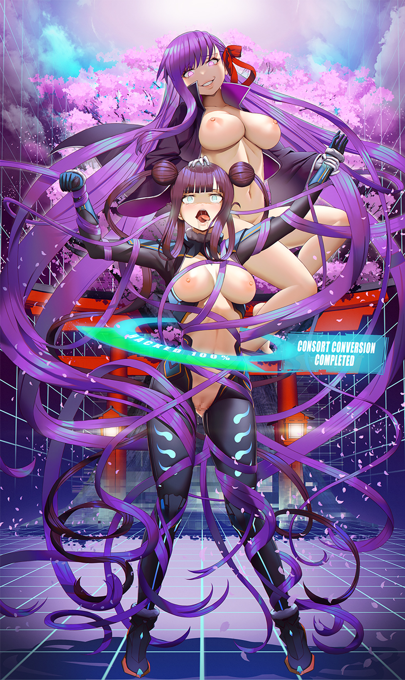 bb (fate), blue eyes, blush, brainwashing, breasts, drool, drooling, fate (series), fate/extra ccc, fate/grand order, female, femdom, glowing eyes, grazeru, hypnosis, large breasts, long hair, mind control, open mouth, pink eyes, purple hair, tears, tech control, tongue, tongue out, yang guifei (fate/grand order)