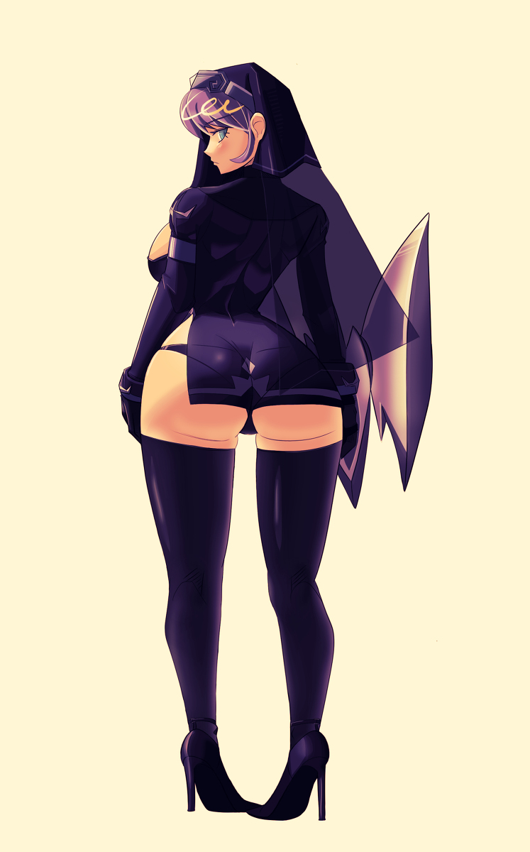 better_version_at_source big_breasts blue_eyes cookie_run cookie_run_kingdom fat_ass heel_boots heeled_boots heels nun nun's_habit panties pastry_cookie purple_hair stockings