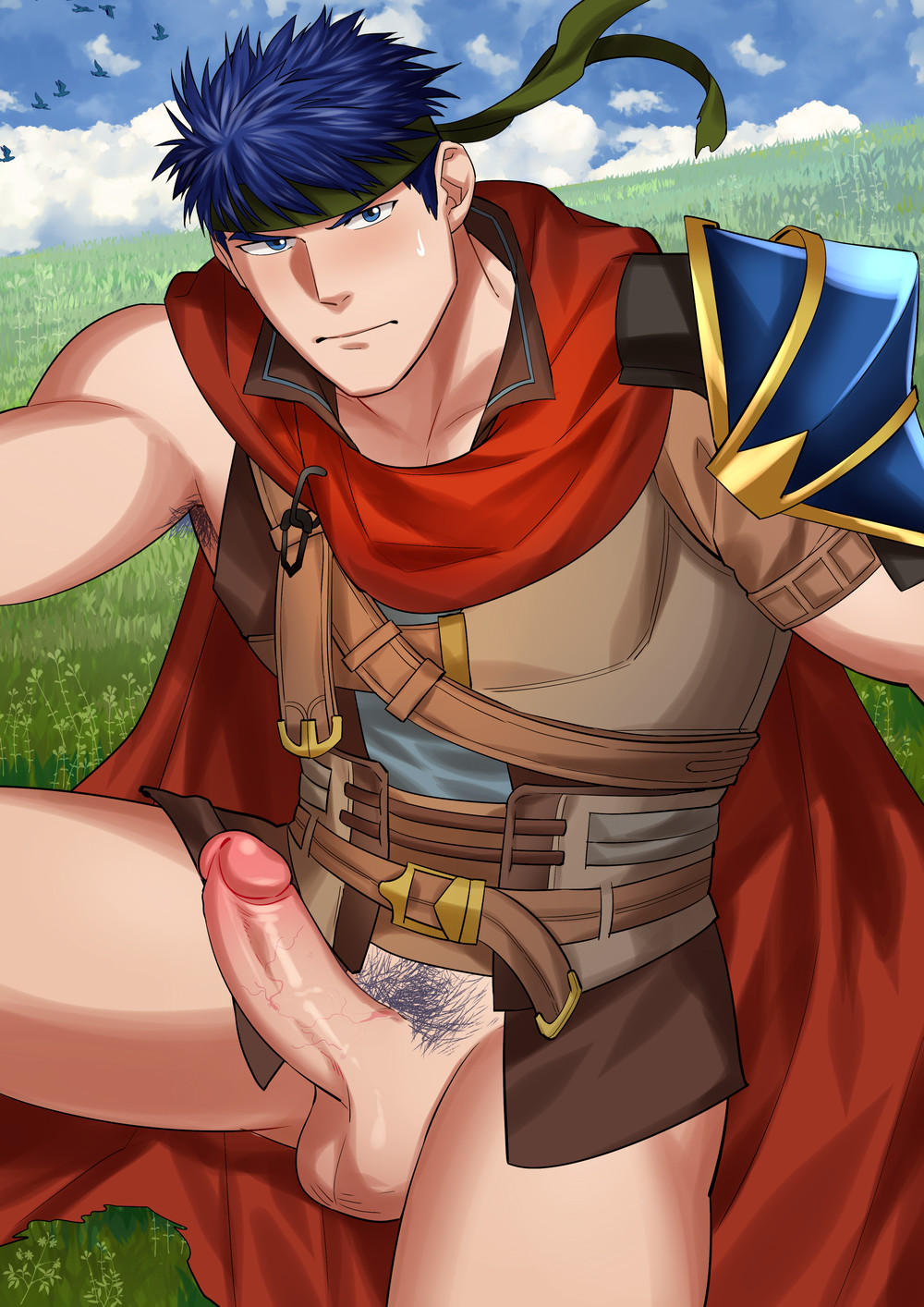 bara blue_hair clothed dick dick_exposed fire_emblem fire_emblem:_path_of_radiance fire_emblem:_radiant_dawn gay ike_(fire_emblem) kienbiu male male_only nervous_sweat pants_off pubic_hair