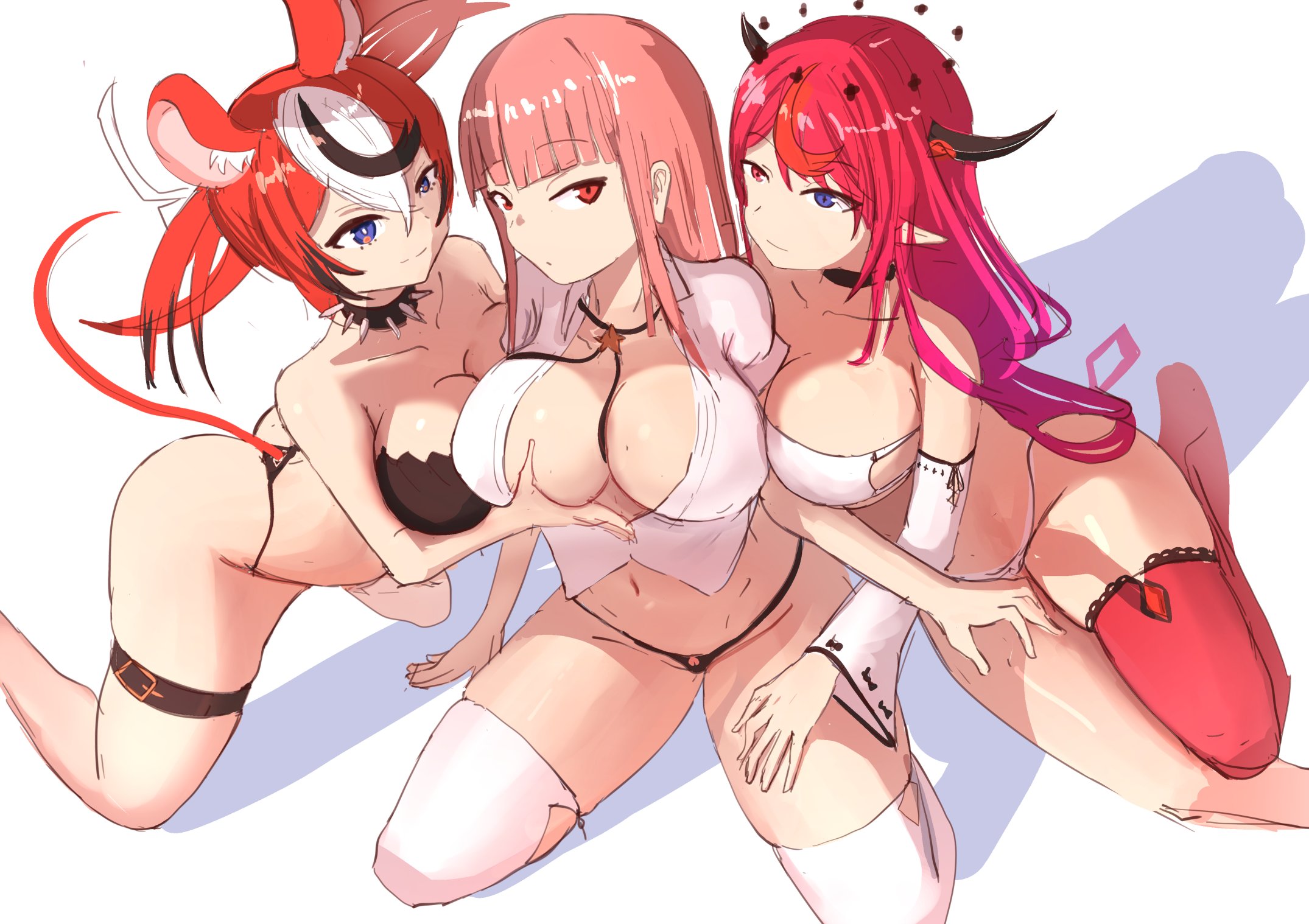 3girls, angelchama, breast grab, breasts, female, female only, hakos baelz, hololive, hololive english, hololive english -council-, hololive english -promise-, hololive myth, huge breasts, irys, irys (hololive), mori calliope, mouse ears, mouse tail, pink hair, red hair, virtual youtuber, yuri
