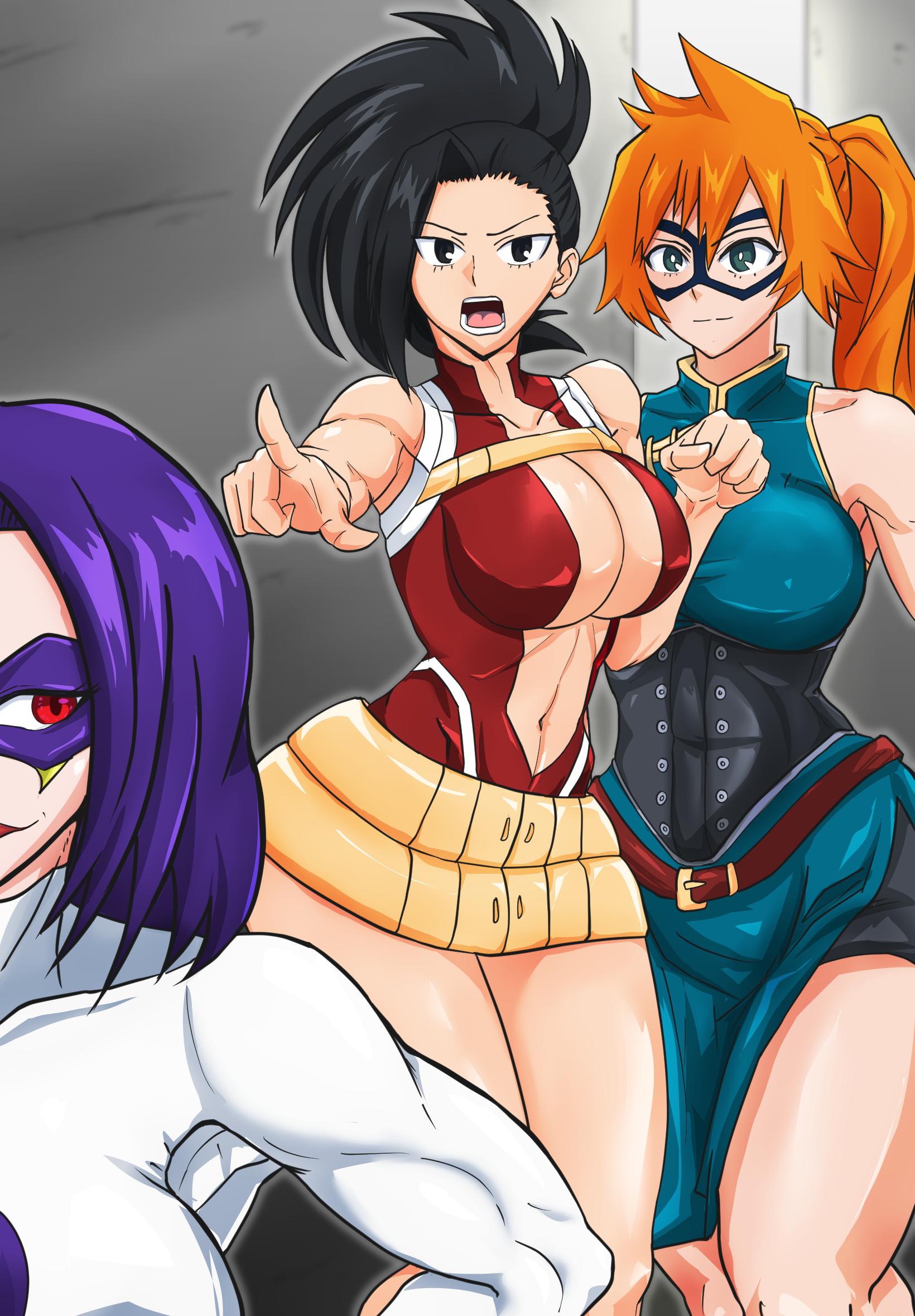 3girls, before transformation, big breasts, black hair, black-haired female, breasts, cleavage, domino mask, female, female only, hero outfit (mha), human, human female, itsuka kendou, kendou itsuka, large breasts, leotard, light-skinned female, midriff, momo yaoyorozu, momo yaoyorozu (hero outfit), multiple females, multiple girls, my hero academia, navel, orange hair, orange-haired female, ponytail, pre-transformation, superheroine, t-syun, thick, thick thighs, thighs, tight clothing, transformation, yaoyorozu momo
