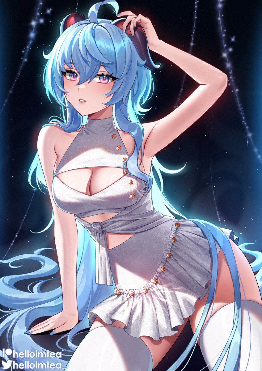 big_breasts blue_eyes blue_hair cleavage cleavage_cutout crop_top ganyu_(genshin_impact) genshin_impact halter_top halterneck helloimtea horns long_hair sash skirt thighhighs thighs