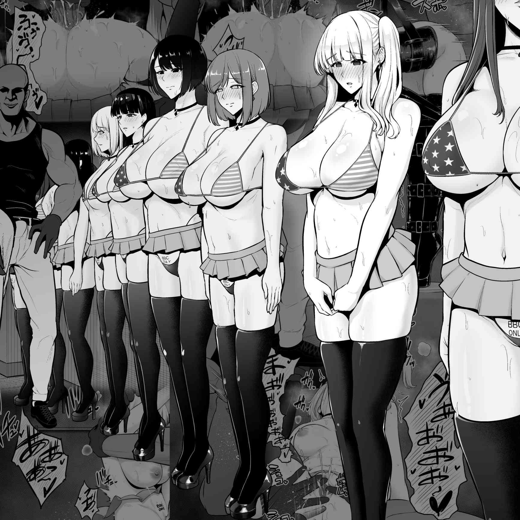 1boy, 6+girls, american flag bikini, background sex, big breasts, bikini, bikini bottom, bikini top, black hair, blonde female, blonde hair, blush, breasts, choker, dark skin, dark-skinned male, doujin, doujin cover, doujinshi, female, hi res, high resolution, highres, imminent rape, interracial, large breasts, light skin, light-skinned female, lineup, male, maledom, monochrome, multiple girls, pubic tattoo, qos, queen of spades, raceplay, sevengar, skirt, spade choker, take your pick, thighhighs