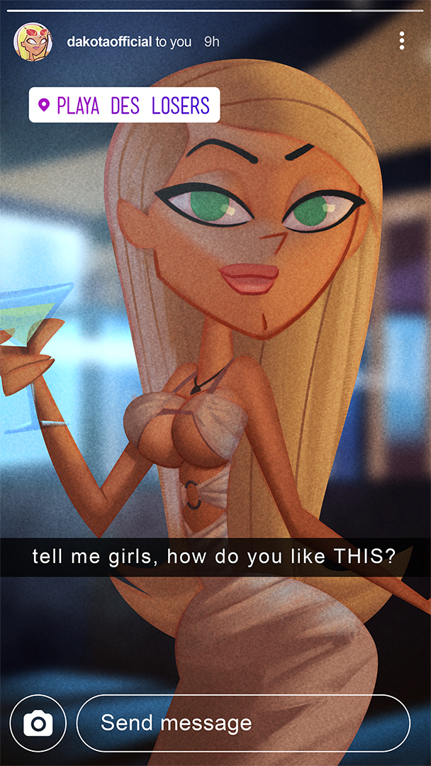 1girls, authorialnoice, big breasts, blonde hair, breasts, cartoon network, clothed, clothing, dakota (tdi), dress, english text, female, female focus, female only, green eyes, light skin, light-skinned female, long hair, no bra, revealing clothes, text, total drama island, total drama: revenge of the island, wide hips