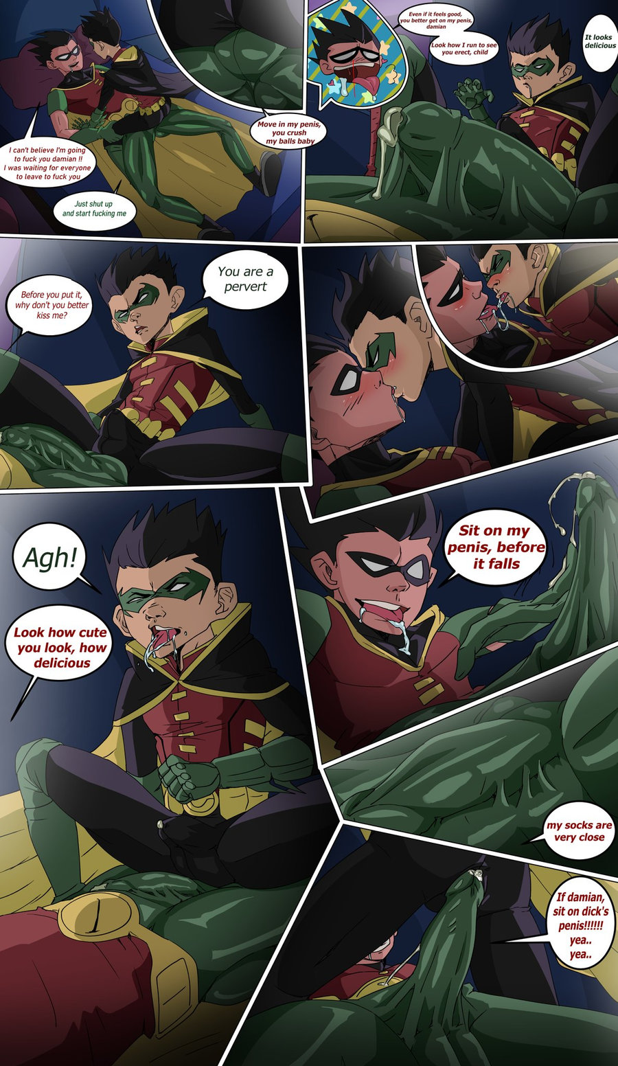 damian_wayne dc dc_comics dick_grayson gay gay_sex male nsfw precum precum_drip robin_(damian_wayne) robin_(dc) robin_(dick_grayson) spandex_suit summumee yaoi