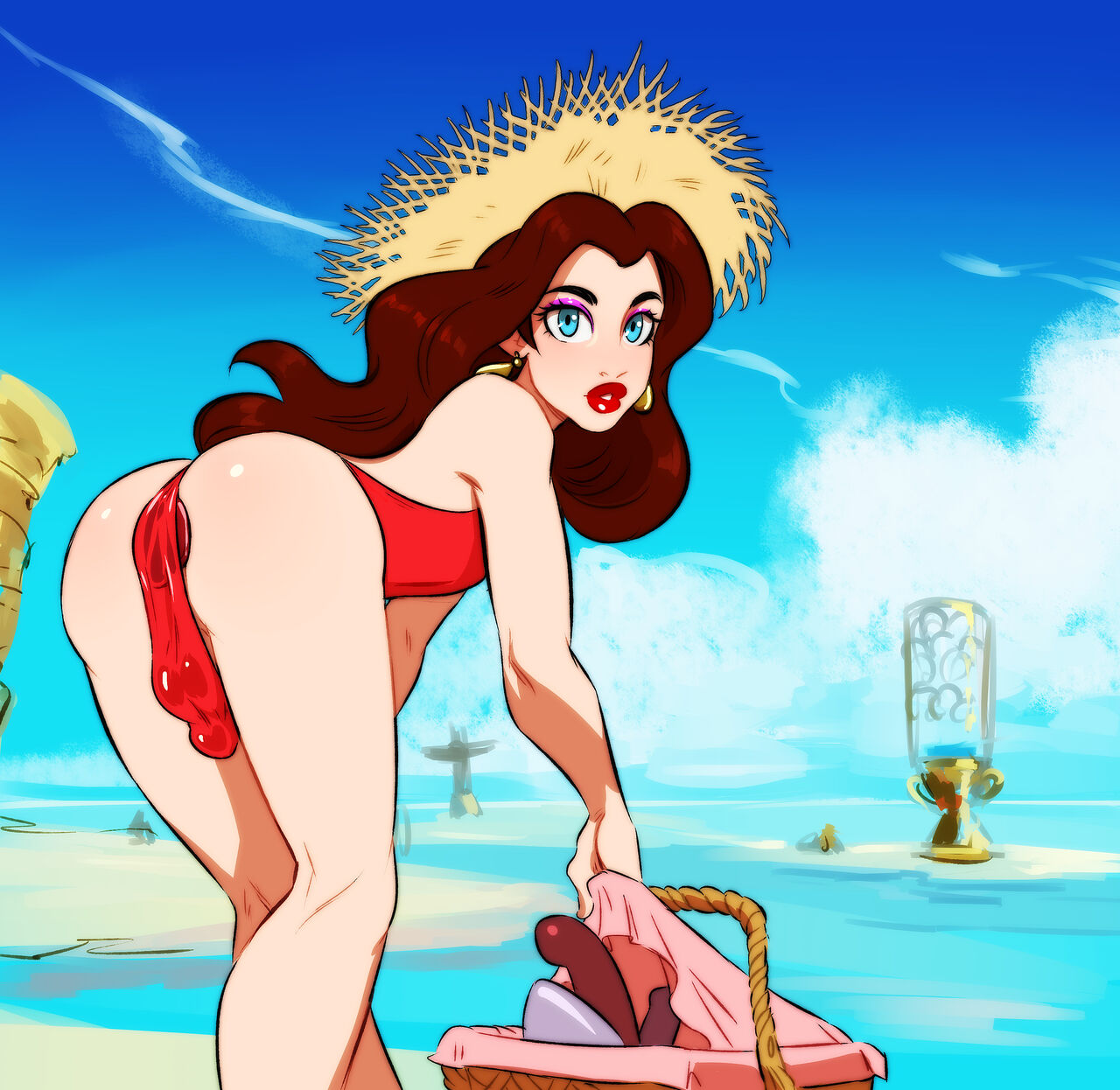 1boy, beach, blue eyes, brown hair, femboy, gay, genderswap, genderswap (ftm), hat, lipstick, looking at viewer, male, male only, male pauline, mario (series), nintendo, pauline, penis, penis slip, plug (sex toy), red lipstick, ripushko, rule 63, sex toy, solo, super mario odyssey, swimwear, tagme, yaoi