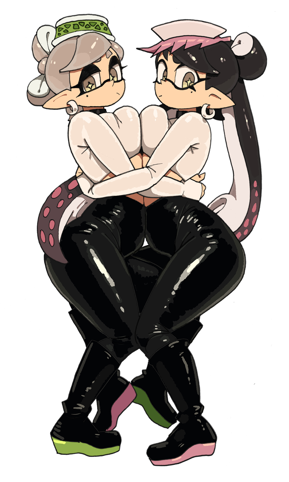 2girls, alternate breast size, ass, beauty mark, big ass, big breasts, black hair, breast to breast, breasts, callie (splatoon), clothed, clothed female, cousins, earrings, facial markings, female, huge ass, huge breasts, humanoid, inkling, large breasts, latex, light hair, light skin, light-skinned female, long hair, marie (splatoon), mole, mole under eye, multicolored hair, nintendo, pink hair, pointed ears, pointy ears, short hair, silver hair, slim waist, splatoon, splatoon (series), squid sisters, symbol-shaped pupils, thick thighs, twintails, white hair, wide hips, yellow eyes, yuta agc