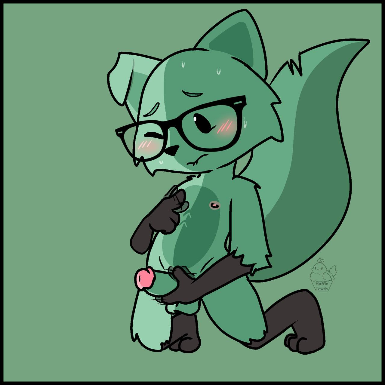 1:1 anthro balls bite biting_lip biting_own_lip blush canid canine digital_media_(artwork) erection eyewear fox fur genitals glasses green_body green_fur hi_res male male_only mammal masturbation mint_mobile minty_(mint_mobile) muffinlewds nipple_fetish nipple_play nipples nude one_eye_closed penile penile_masturbation penis simple_background solo solo_male