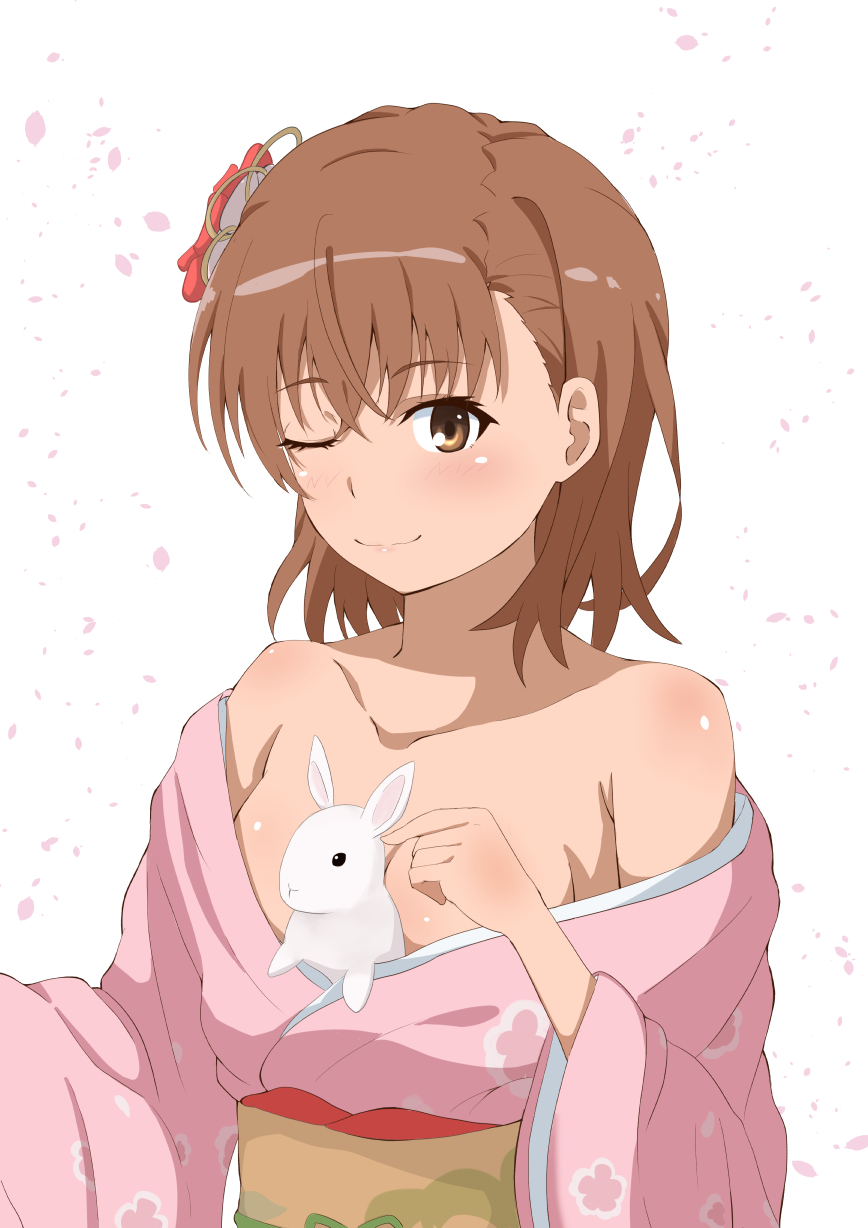 1girls 2020s 2023 :) alternate_breast_size bare_shoulders blush breasts brown_eyes brown_hair brunette cleavage collarbone female hair_ornament kimono kimono_down looking_at_viewer matching_hair/eyes medium_breasts misaka_mikoto no_bra one_eye_closed open_clothes petals rabbit short_hair smile solo tabu teenage_girl teenager to_aru_kagaku_no_railgun to_aru_majutsu_no_index upper_body white_background wink young